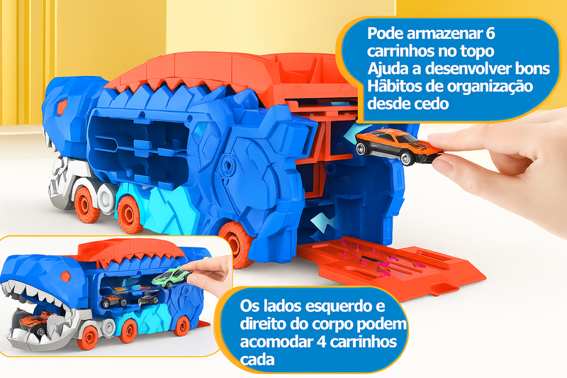 Caminhão de transporte dobrável com dinossauro e pista de corrida deslizante que se transforma em um T-Rex em pé, os melhores presentes de aniversário para meninos e meninas