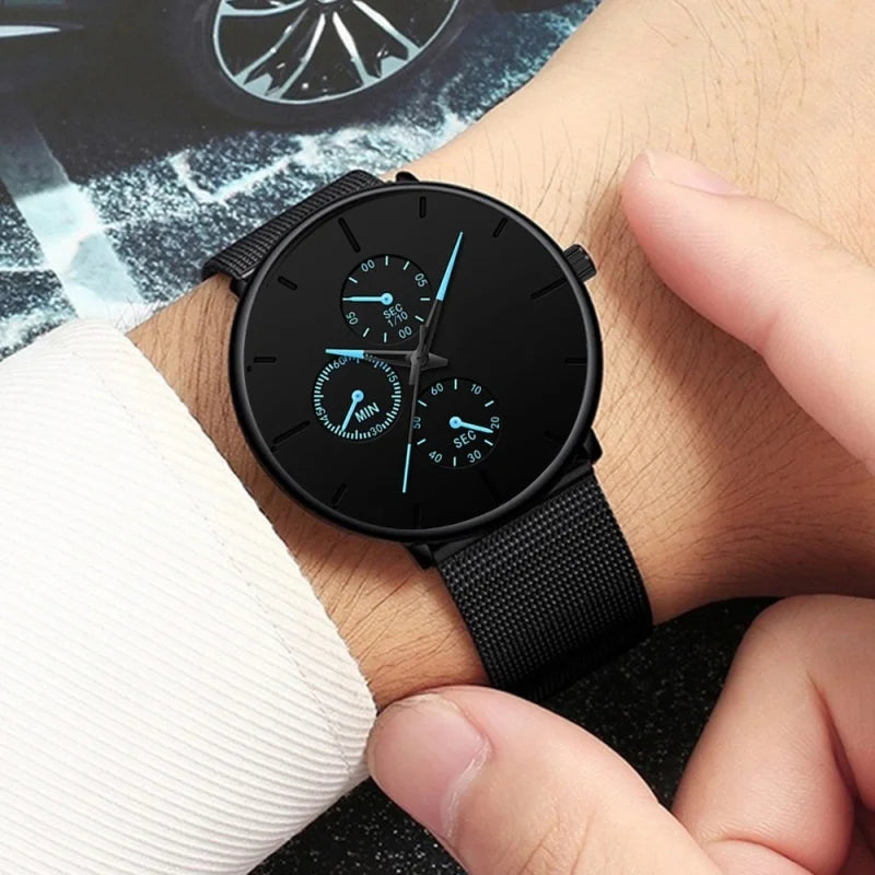 Relógios masculinos de negócios da moda, relógios pretos de luxo em aço inoxidável, pulseira de malha ultrafina, relógio de pulso de quartzo masculino