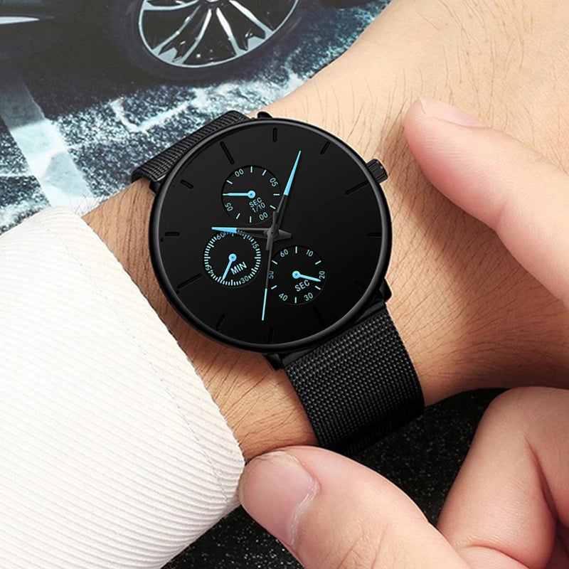 Relógios masculinos de negócios da moda, relógios pretos de luxo em aço inoxidável, pulseira de malha ultrafina, relógio de pulso de quartzo masculino