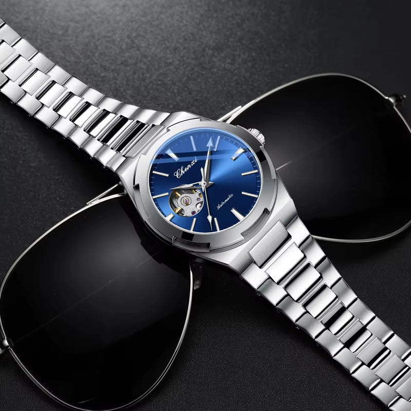 Relógio de pulso mecânico masculino , relógio esportivo à prova d'água de aço inoxidável