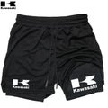 Shorts de corrida Kawasaki 2 em 1 para treino, masculino, para academia, esportivo, com forro de compressão, bolso para celular e alça para toalha