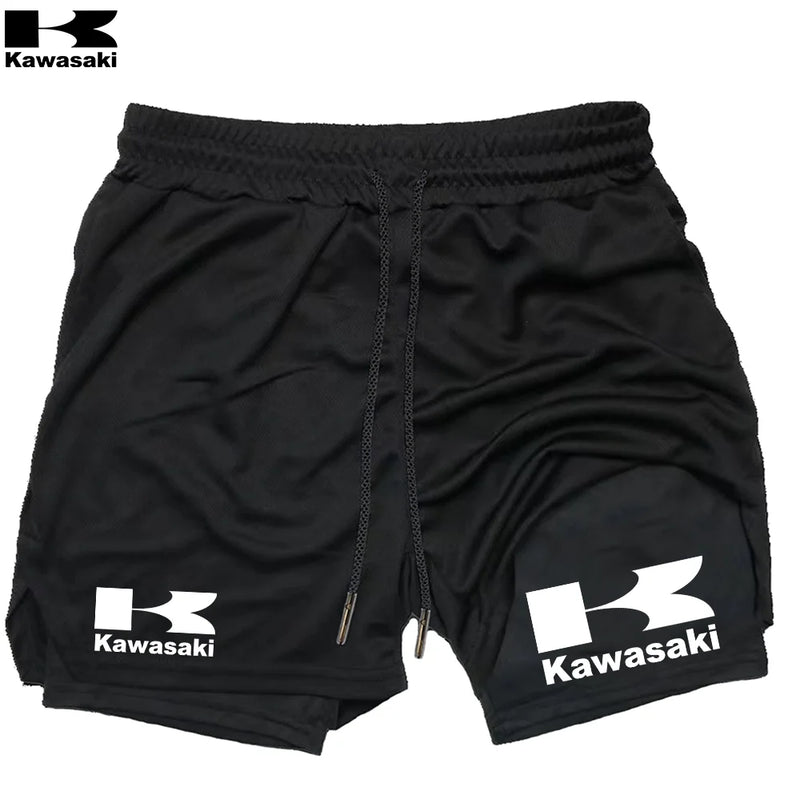 Shorts de corrida Kawasaki 2 em 1 para treino, masculino, para academia, esportivo, com forro de compressão, bolso para celular e alça para toalha
