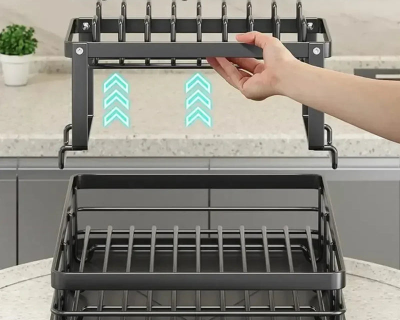 Organizador de cozinha ajustável com escorredor de pratos de 2 camadas, suporte para utensílios, escorredor economizador de espaço, prateleira de armazenamento para utensílios de cozinha