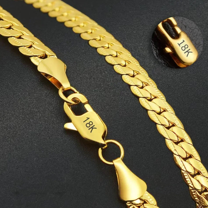 Colar fino de prata esterlina 925, 5 mm, ouro 18K, corrente lateral completa, para mulheres e homens, joias da moda