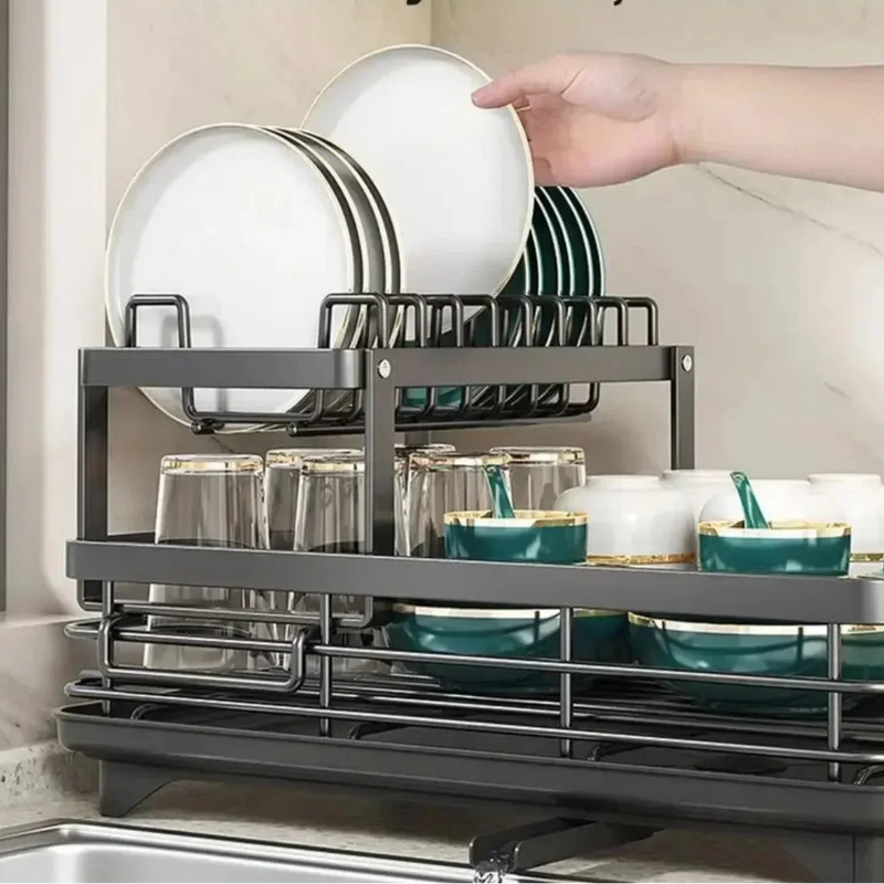 Organizador de cozinha ajustável com escorredor de pratos de 2 camadas, suporte para utensílios, escorredor economizador de espaço, prateleira de armazenamento para utensílios de cozinha