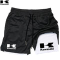 Shorts de corrida Kawasaki 2 em 1 para treino, masculino, para academia, esportivo, com forro de compressão, bolso para celular e alça para toalha