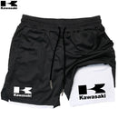 Shorts de corrida Kawasaki 2 em 1 para treino, masculino, para academia, esportivo, com forro de compressão, bolso para celular e alça para toalha