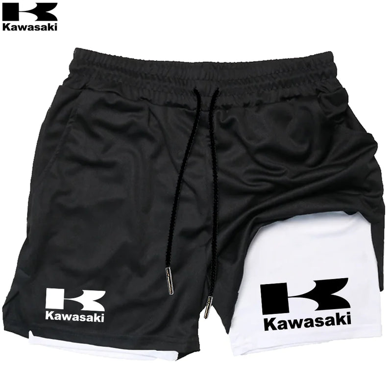 Shorts de corrida Kawasaki 2 em 1 para treino, masculino, para academia, esportivo, com forro de compressão, bolso para celular e alça para toalha
