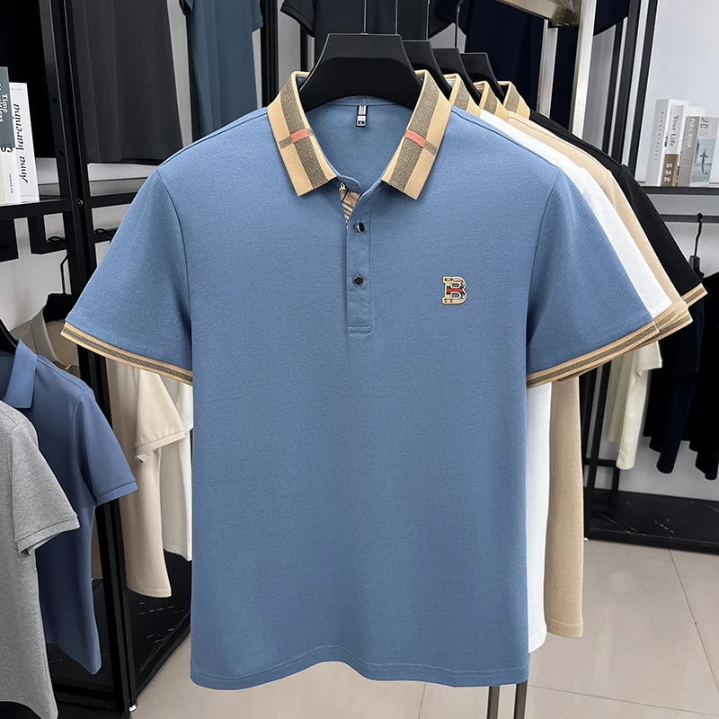 Nova camiseta polo masculina de manga curta, designer de verão, com bordado artesanal requintado e gola alta