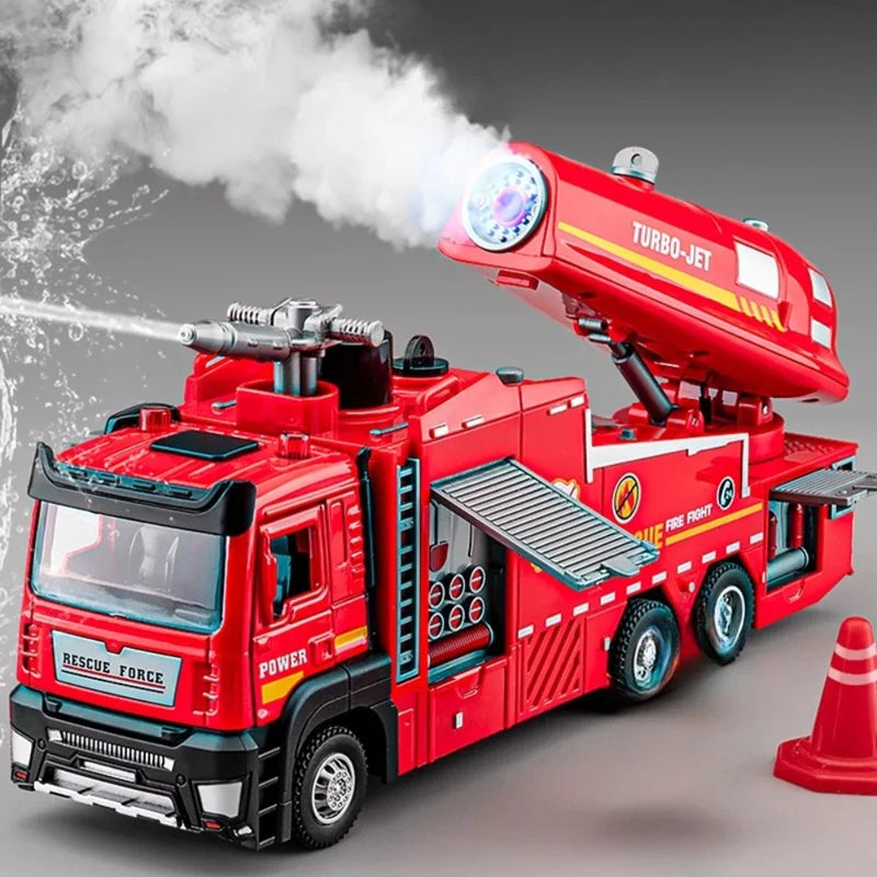 Modelo de caminhão de bombeiros com jato d'água em escala 1:32, carrinho de brinquedo com escada, som e luz, porta traseira, coleção de veículos abertos para meninos