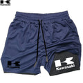 Shorts de corrida Kawasaki 2 em 1 para treino, masculino, para academia, esportivo, com forro de compressão, bolso para celular e alça para toalha