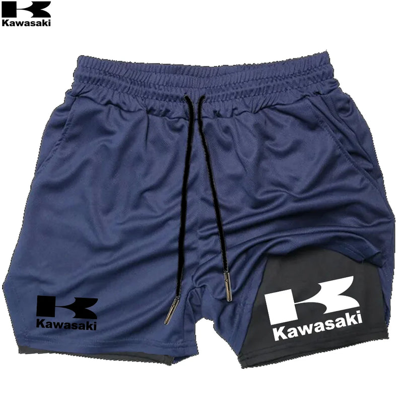 Shorts de corrida Kawasaki 2 em 1 para treino, masculino, para academia, esportivo, com forro de compressão, bolso para celular e alça para toalha