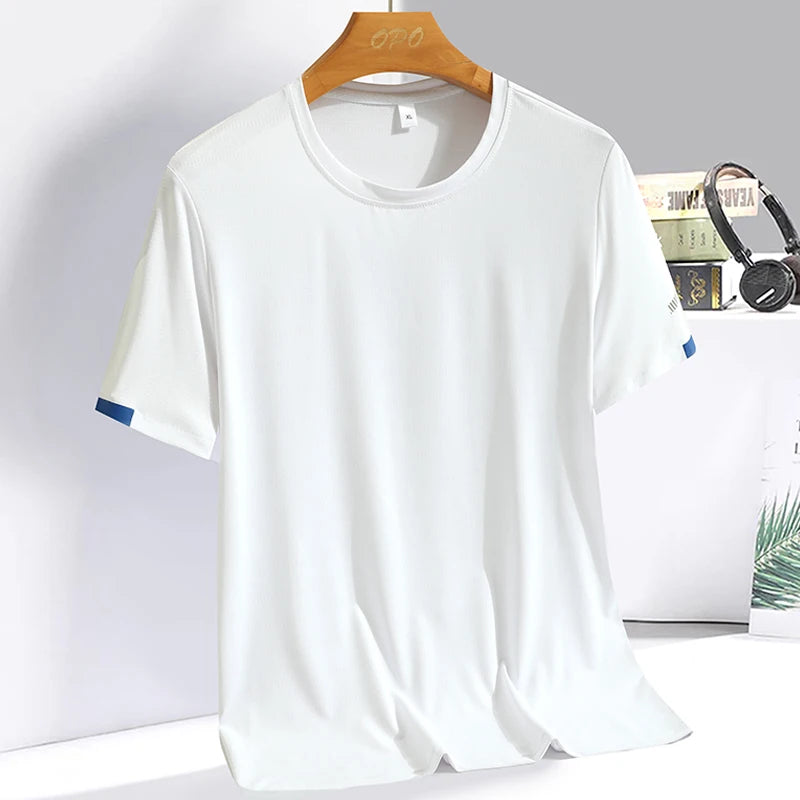 Camiseta masculina de seda gelada de verão, fina, respirável, de secagem rápida