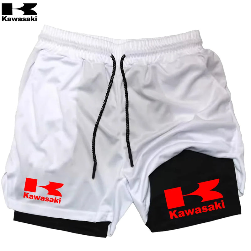 Shorts de corrida Kawasaki 2 em 1 para treino, masculino, para academia, esportivo, com forro de compressão, bolso para celular e alça para toalha
