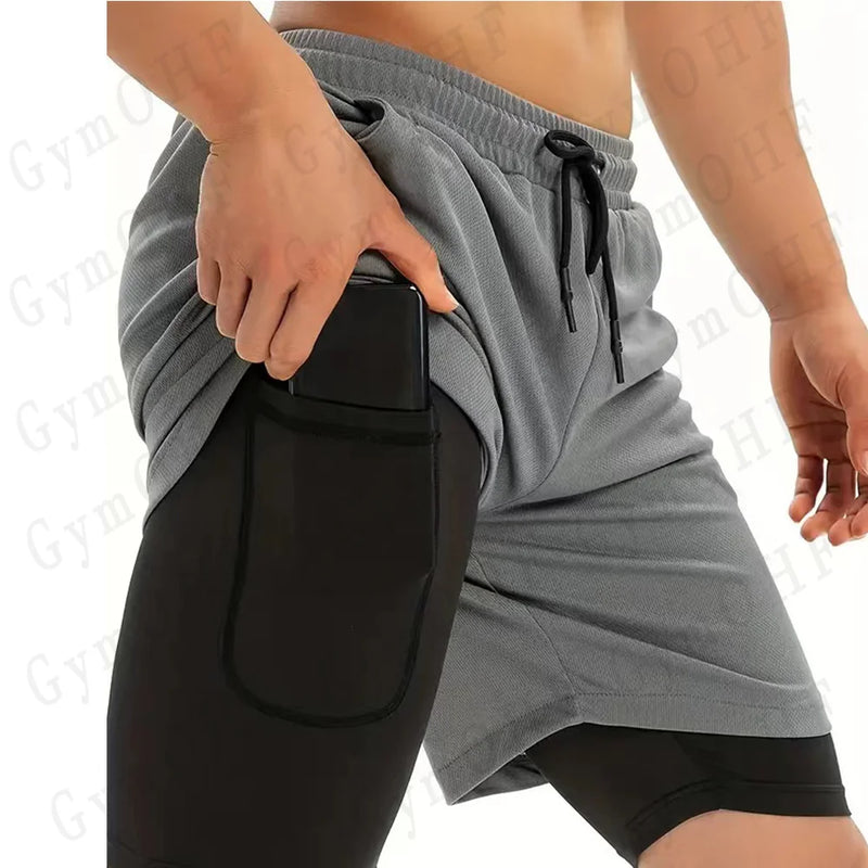 Shorts de corrida Kawasaki 2 em 1 para treino, masculino, para academia, esportivo, com forro de compressão, bolso para celular e alça para toalha
