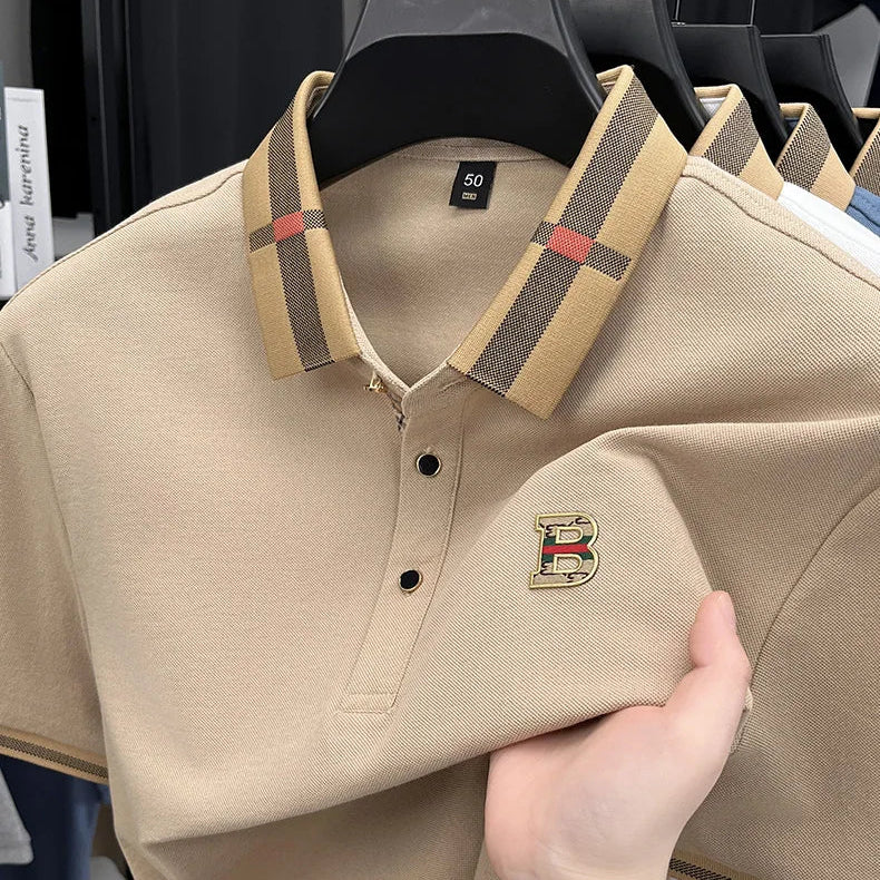 Nova camiseta polo masculina de manga curta, designer de verão, com bordado artesanal requintado e gola alta