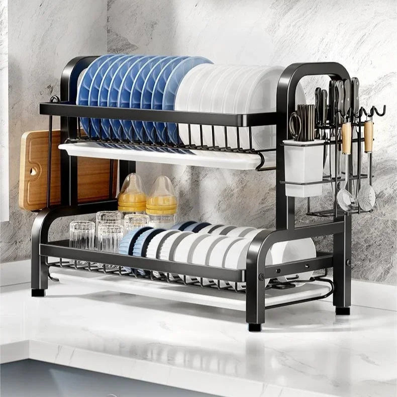 Escorredor de pratos compacto de 2 níveis para cozinha, conjunto de escorredor de pratos grande e à prova de ferrugem com suporte para utensílios