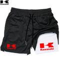 Shorts de corrida Kawasaki 2 em 1 para treino, masculino, para academia, esportivo, com forro de compressão, bolso para celular e alça para toalha