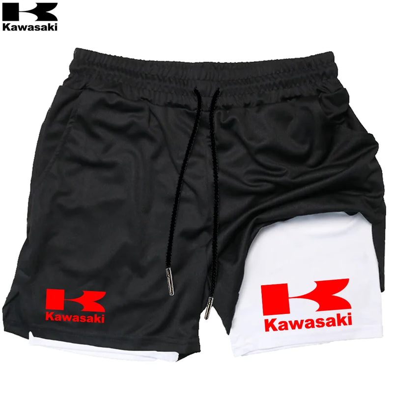 Shorts de corrida Kawasaki 2 em 1 para treino, masculino, para academia, esportivo, com forro de compressão, bolso para celular e alça para toalha