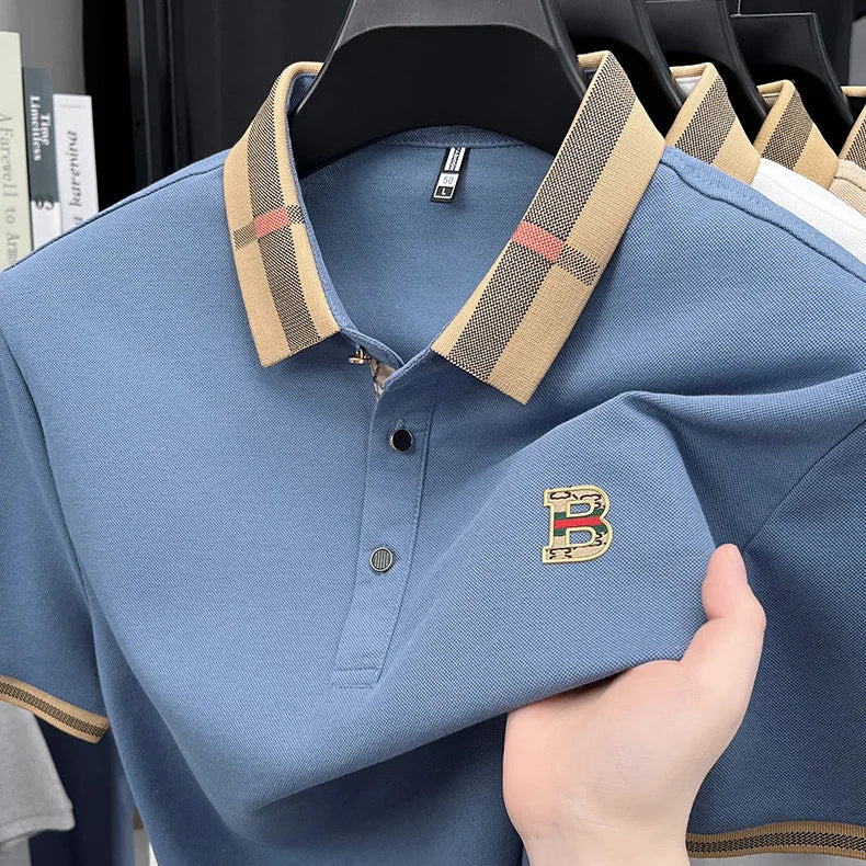 Nova camiseta polo masculina de manga curta, designer de verão, com bordado artesanal requintado e gola alta