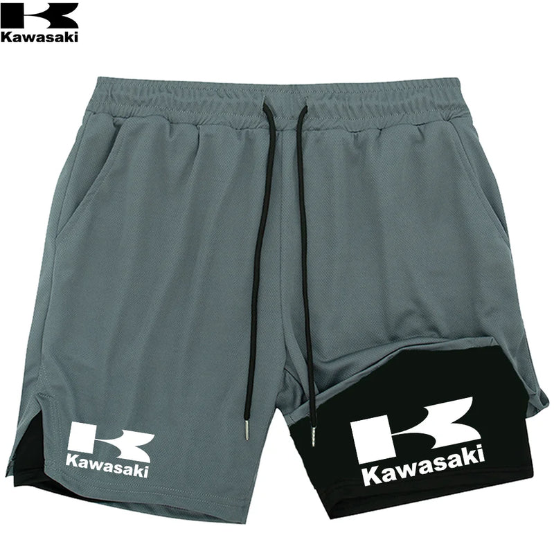 Shorts de corrida Kawasaki 2 em 1 para treino, masculino, para academia, esportivo, com forro de compressão, bolso para celular e alça para toalha
