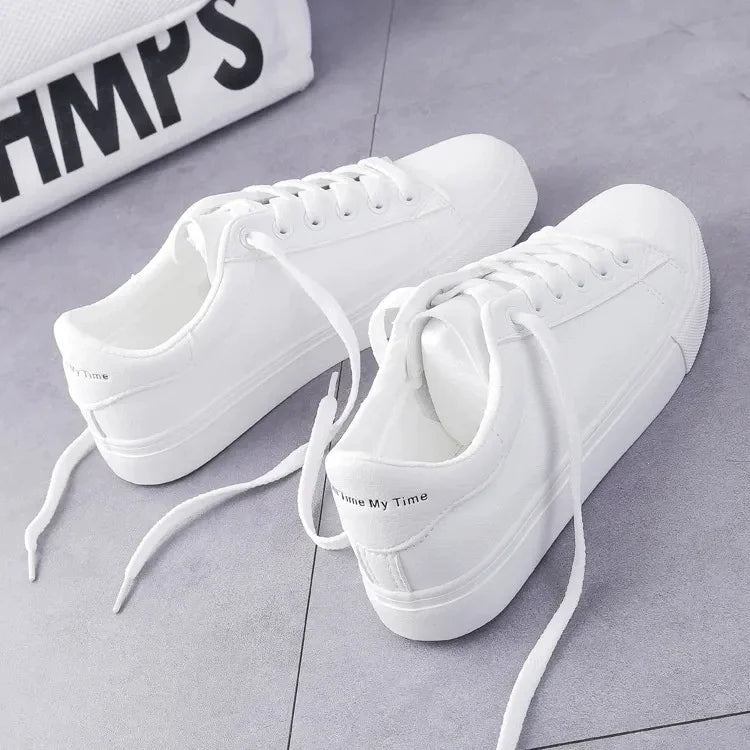 ➡️ Tênis Feminino Vulcanizado em Couro PU – Branco – Plataforma Fashion – Cor Sólida – Casual Clássico – Sapatos Femininos