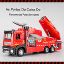 Modelo de caminhão de bombeiros com jato d'água em escala 1:32, carrinho de brinquedo com escada, som e luz, porta traseira, coleção de veículos abertos para meninos