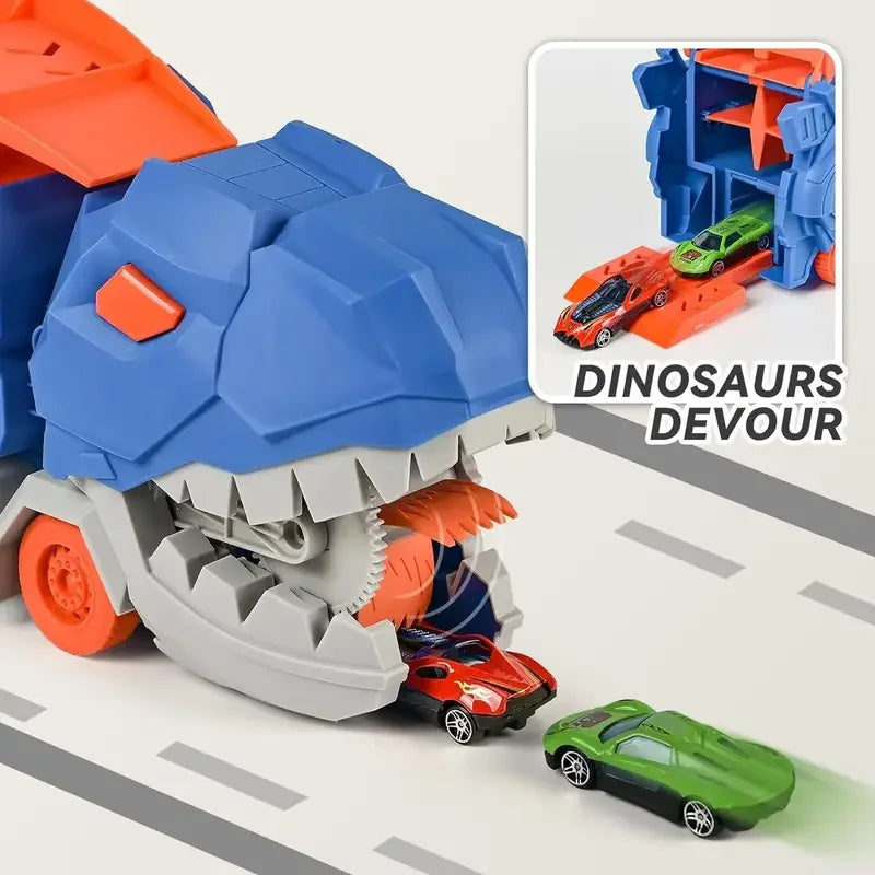 Caminhão de transporte dobrável com dinossauro e pista de corrida deslizante que se transforma em um T-Rex em pé, os melhores presentes de aniversário para meninos e meninas