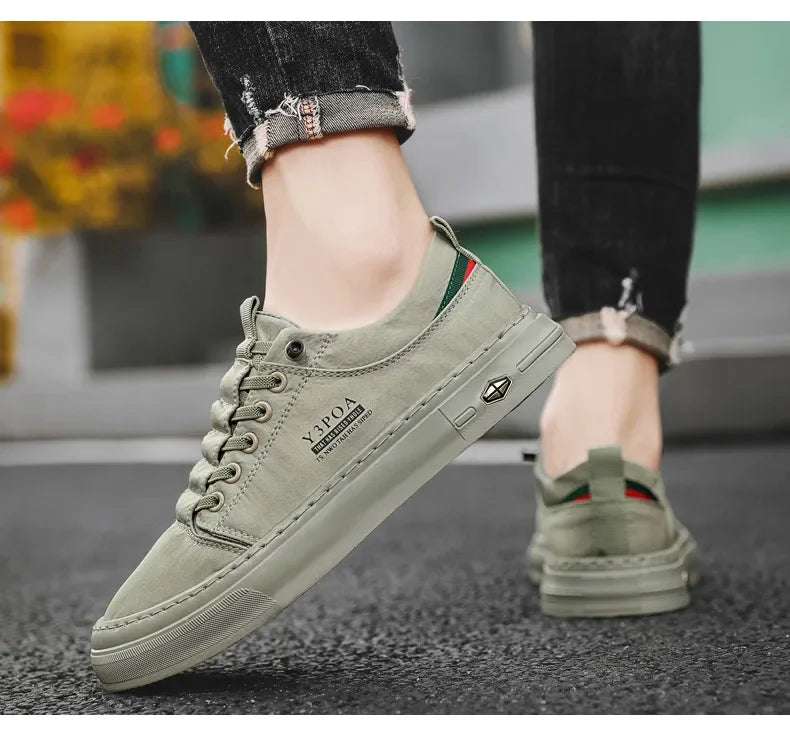 Tênis masculino casual verde, calçado de lona para caminhada ao ar livre, calçado masculino confortável de grife, tênis masculino
