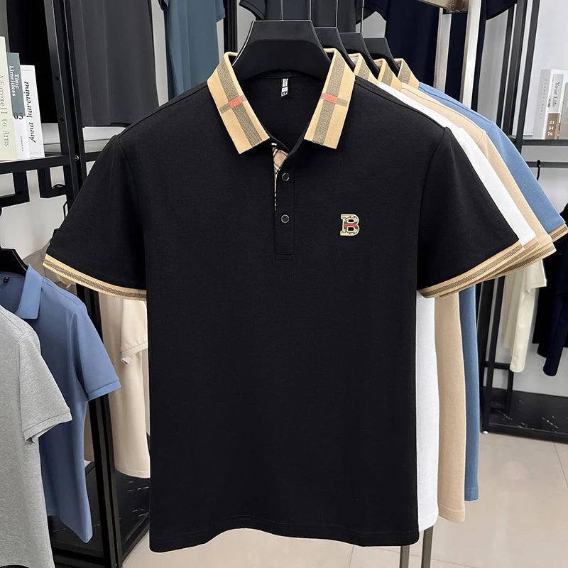 Nova camiseta polo masculina de manga curta, designer de verão, com bordado artesanal requintado e gola alta