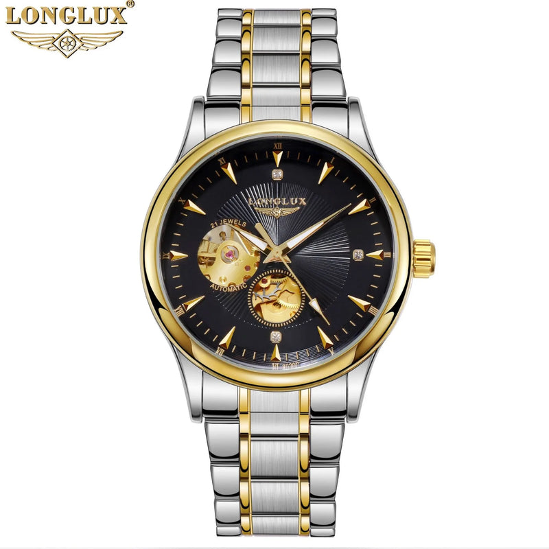 LONGLUX Relógio automático masculino elegante relógio de luxo à prova d'água esqueleto relógio de presente de aço inoxidável atacado