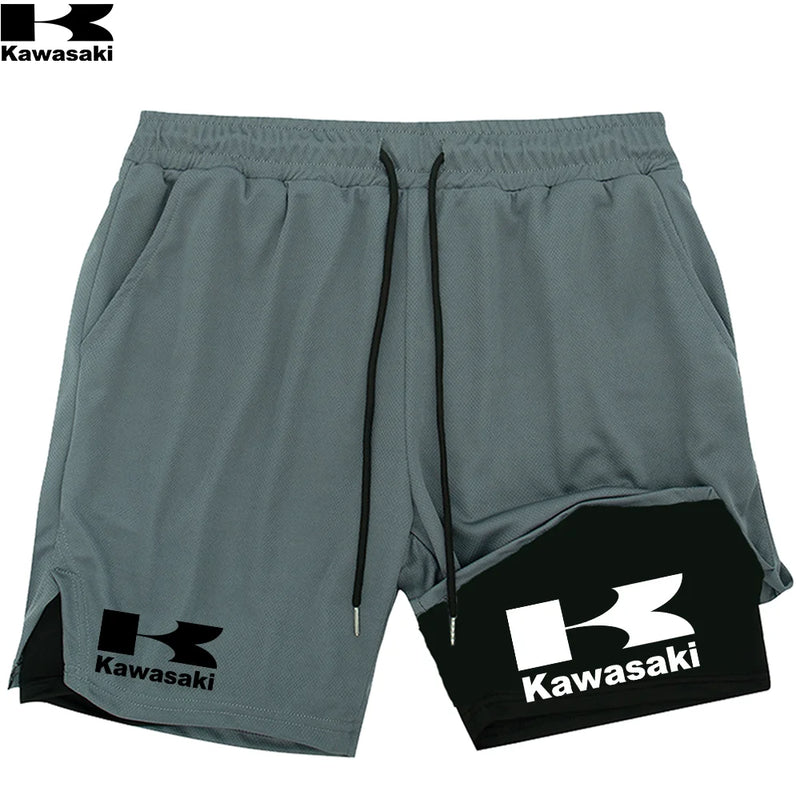 Shorts de corrida Kawasaki 2 em 1 para treino, masculino, para academia, esportivo, com forro de compressão, bolso para celular e alça para toalha