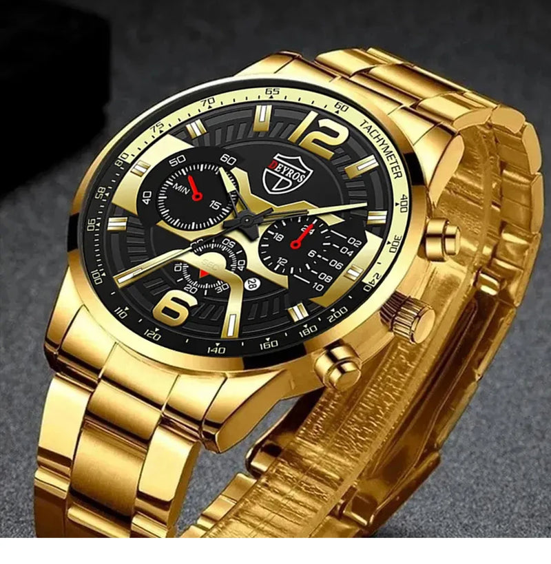 Conjunto de 5 relógios de pulso masculinos DEYROS Fashion com calendário, relógios de pulso de quartzo em aço inoxidável para homens, relógios casuais com colar e pulseira