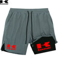 Shorts de corrida Kawasaki 2 em 1 para treino, masculino, para academia, esportivo, com forro de compressão, bolso para celular e alça para toalha