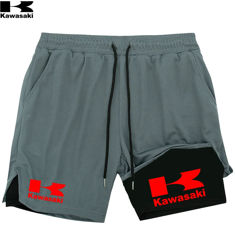 Shorts de corrida Kawasaki 2 em 1 para treino, masculino, para academia, esportivo, com forro de compressão, bolso para celular e alça para toalha