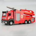 Modelo de caminhão de bombeiros com jato d'água em escala 1:32, carrinho de brinquedo com escada, som e luz, porta traseira, coleção de veículos abertos para meninos