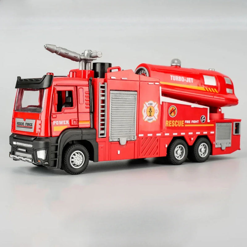 Modelo de caminhão de bombeiros com jato d'água em escala 1:32, carrinho de brinquedo com escada, som e luz, porta traseira, coleção de veículos abertos para meninos