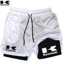 Shorts de corrida Kawasaki 2 em 1 para treino, masculino, para academia, esportivo, com forro de compressão, bolso para celular e alça para toalha