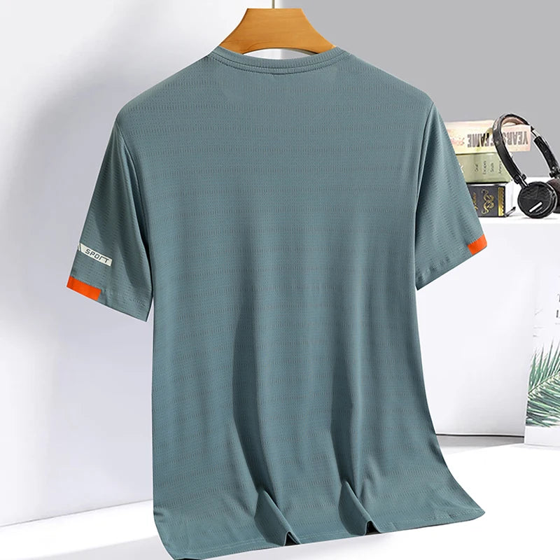 Camiseta masculina de seda gelada de verão, fina, respirável, de secagem rápida