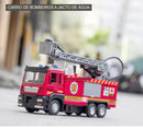 Modelo de caminhão de bombeiros com jato d'água em escala 1:32, carrinho de brinquedo com escada, som e luz, porta traseira, coleção de veículos abertos para meninos