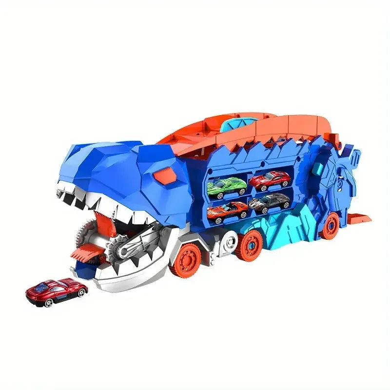 Caminhão de transporte dobrável com dinossauro e pista de corrida deslizante que se transforma em um T-Rex em pé, os melhores presentes de aniversário para meninos e meninas