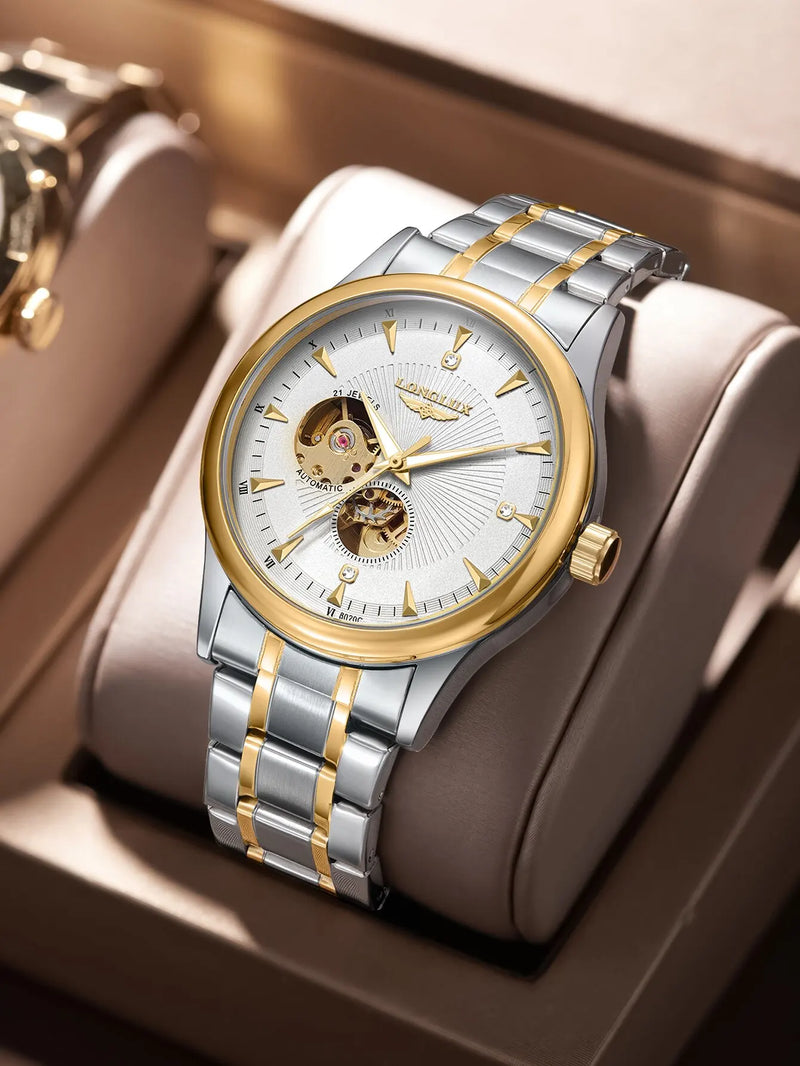 LONGLUX Relógio automático masculino elegante relógio de luxo à prova d'água esqueleto relógio de presente de aço inoxidável atacado