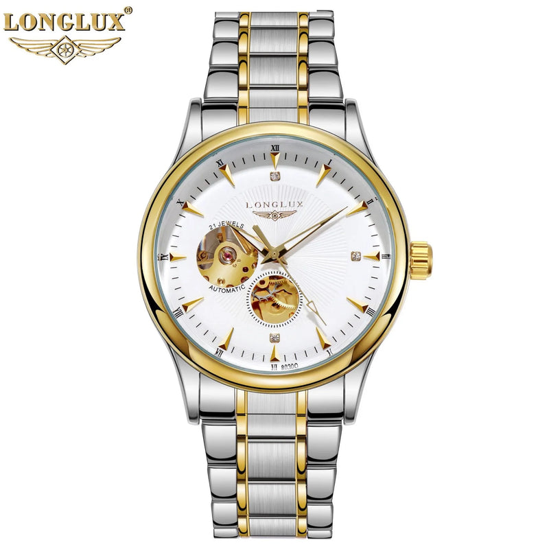 LONGLUX Relógio automático masculino elegante relógio de luxo à prova d'água esqueleto relógio de presente de aço inoxidável atacado